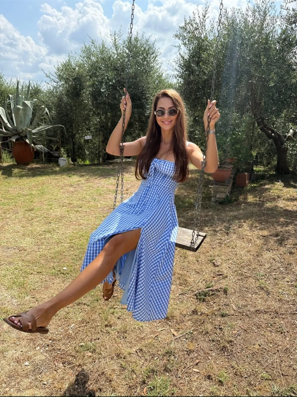 Blue Gingham Midi Dress with Sweetheart Neckline and Side Slit - Picture 3 of 3